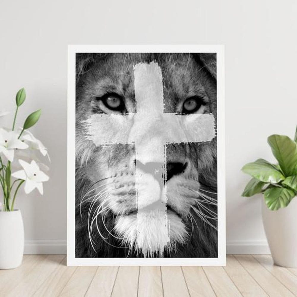 Quadro Leão Cruz Tinta 60X40Cm Moldura Branca