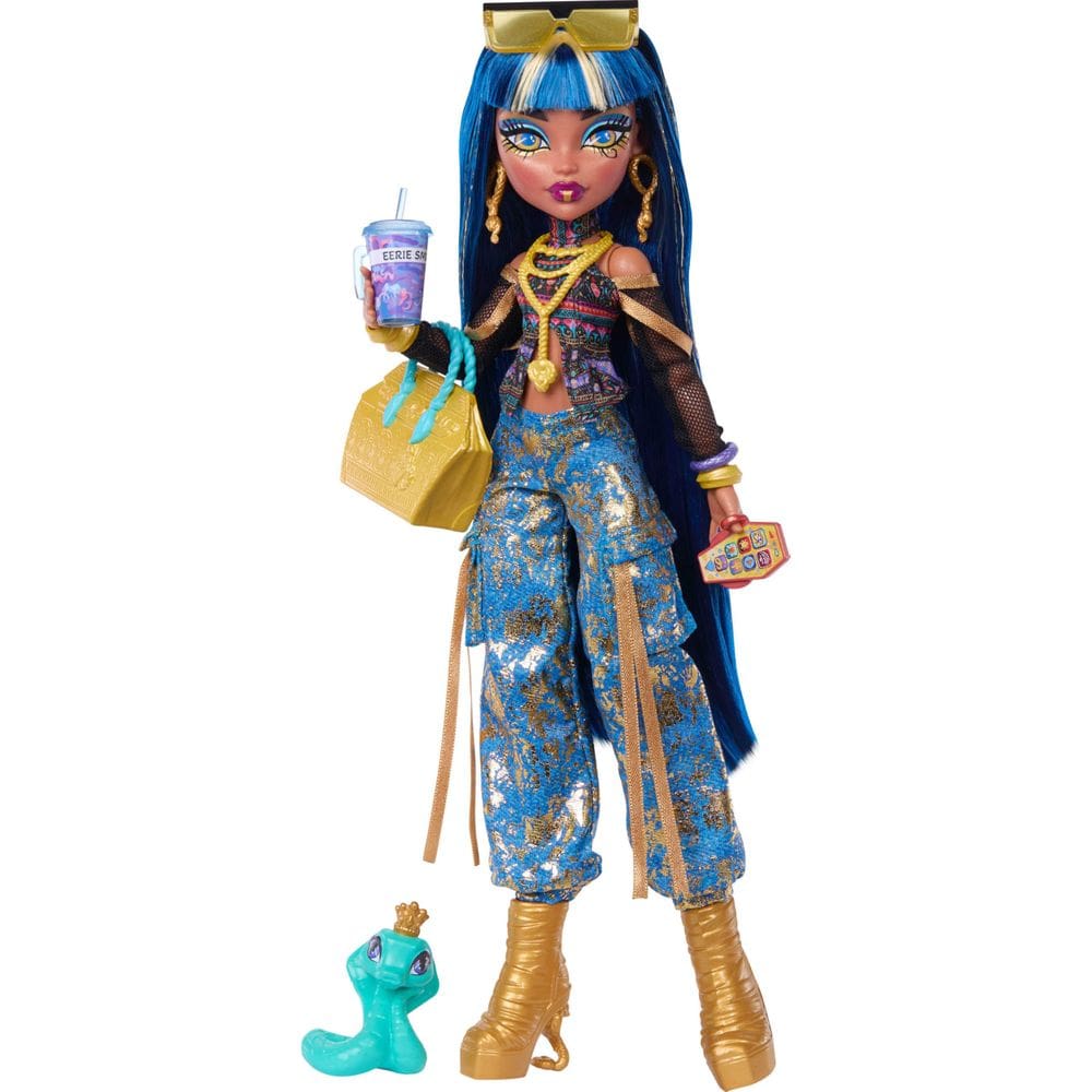 Boneca Monster High Cleo De Nile com Roupa, Cobra de Estimação e 7 Acessórios