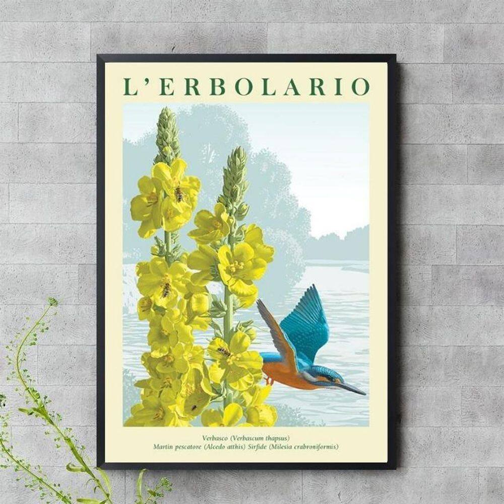 Quadro Beija-Flor Azul Flores Amarelas 45X34Cm