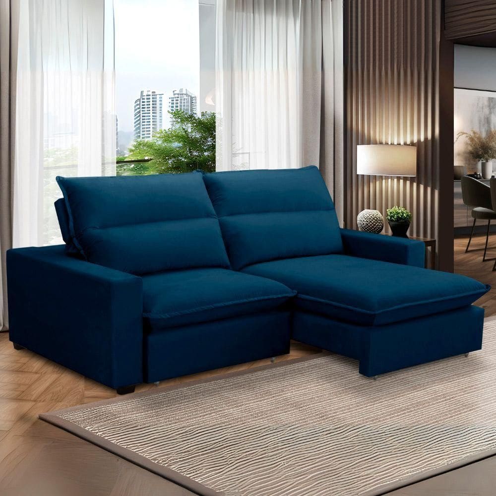 Sofa Retratil Reclinavel 2 Lugares 2m Andreza Veludo Lansof Azul Marinho