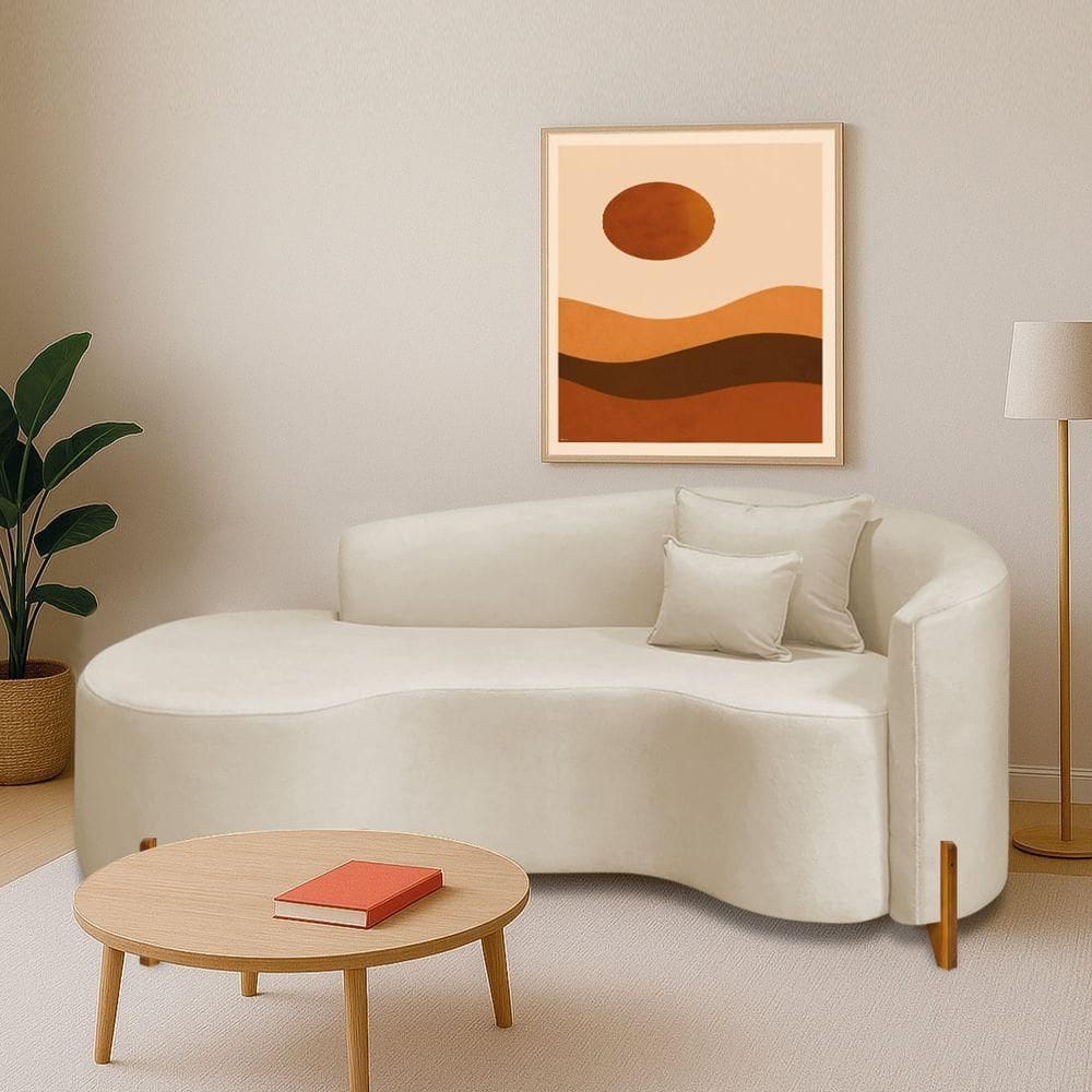 Divã Recamier Curvo Sala De Estar Recepção Inglaterra 180cm Pés Madeira Lado Esquerdo Bouclé Bege