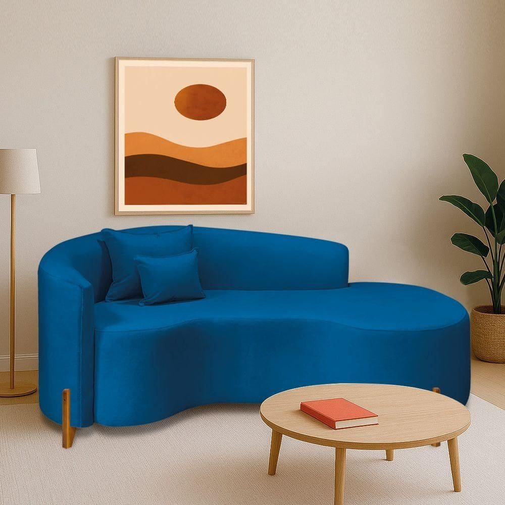 Divã Recamier Curvo Sala De Estar Recepção Inglaterra 200cm Pés Madeira Lado Direito Linho Azul Royal