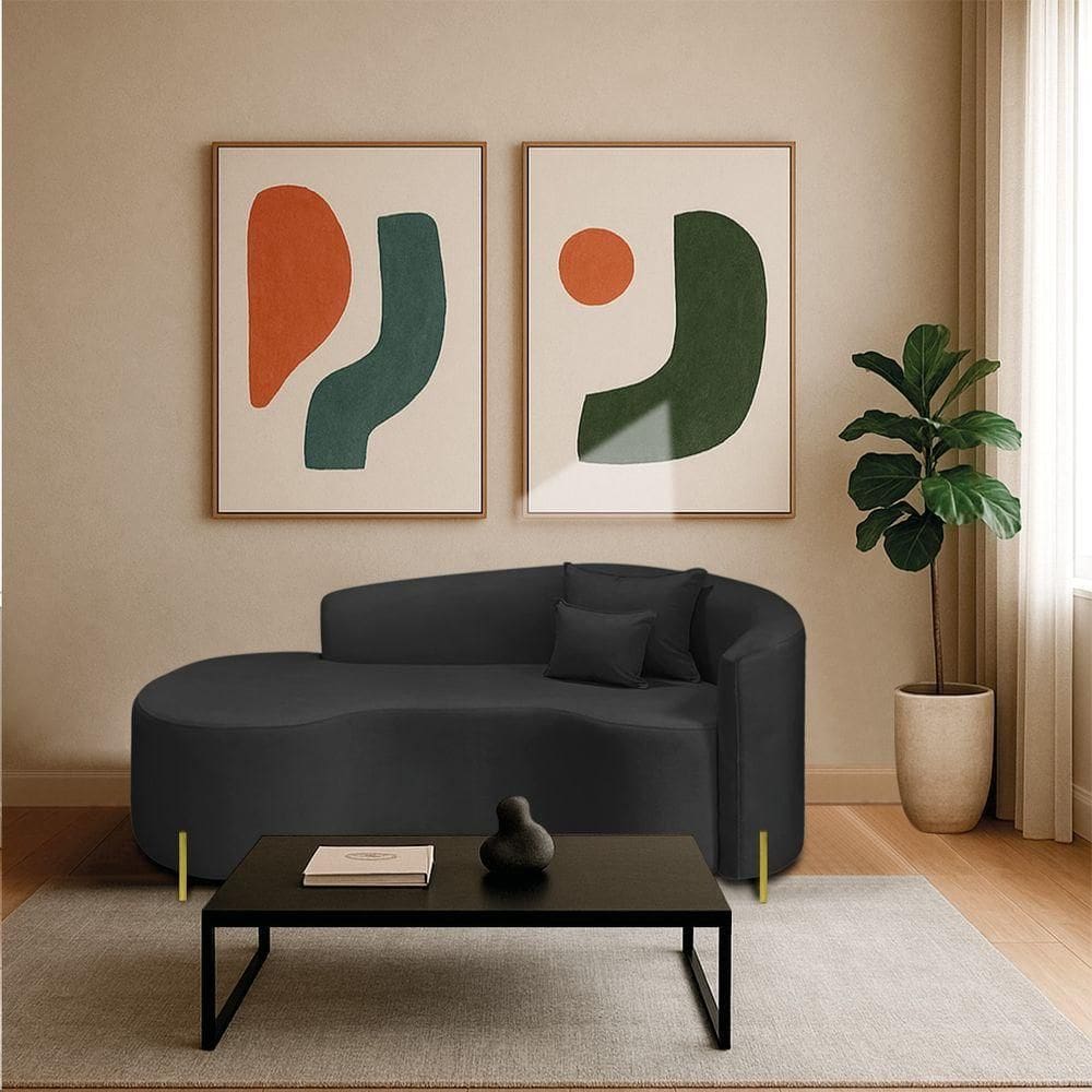 Divã Recamier Curvo Sala De Estar Recepção Inglaterra 180cm Pés Metal Dourado Lado Esquerdo Bouclé Preto