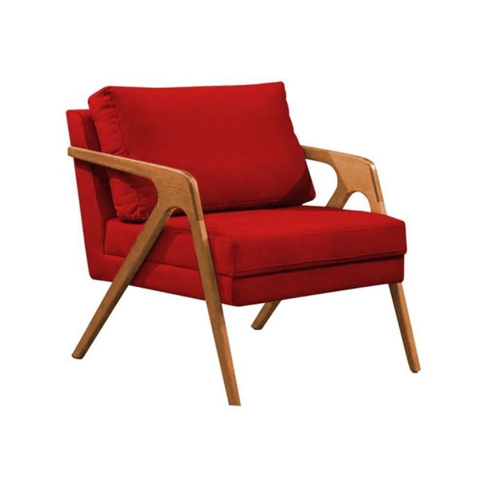 Poltrona Sala De Estar Base Madeira Maciça Monique Cerejeira vermelho Veludo