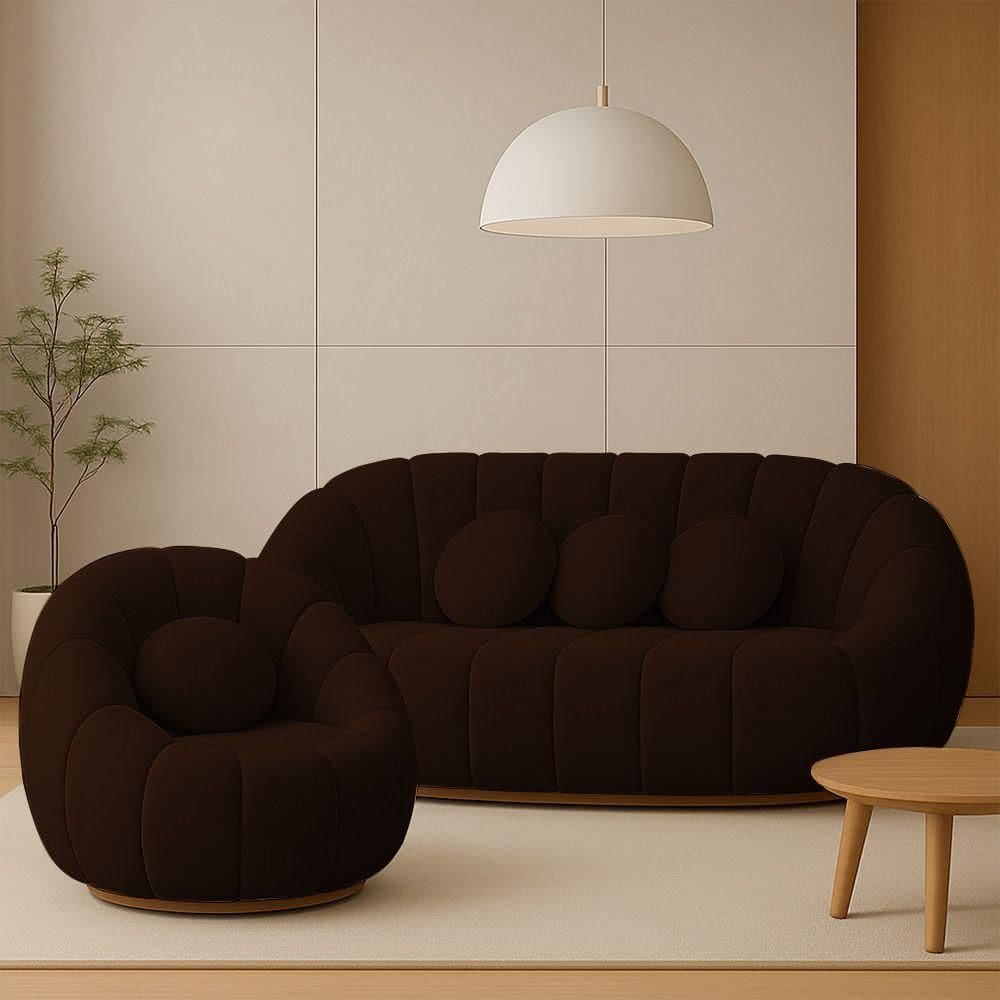 Sofá 2 Lugares Com Poltrona Giratória Orgânica Cloud Bouclê Marrom E03 - D`rossi