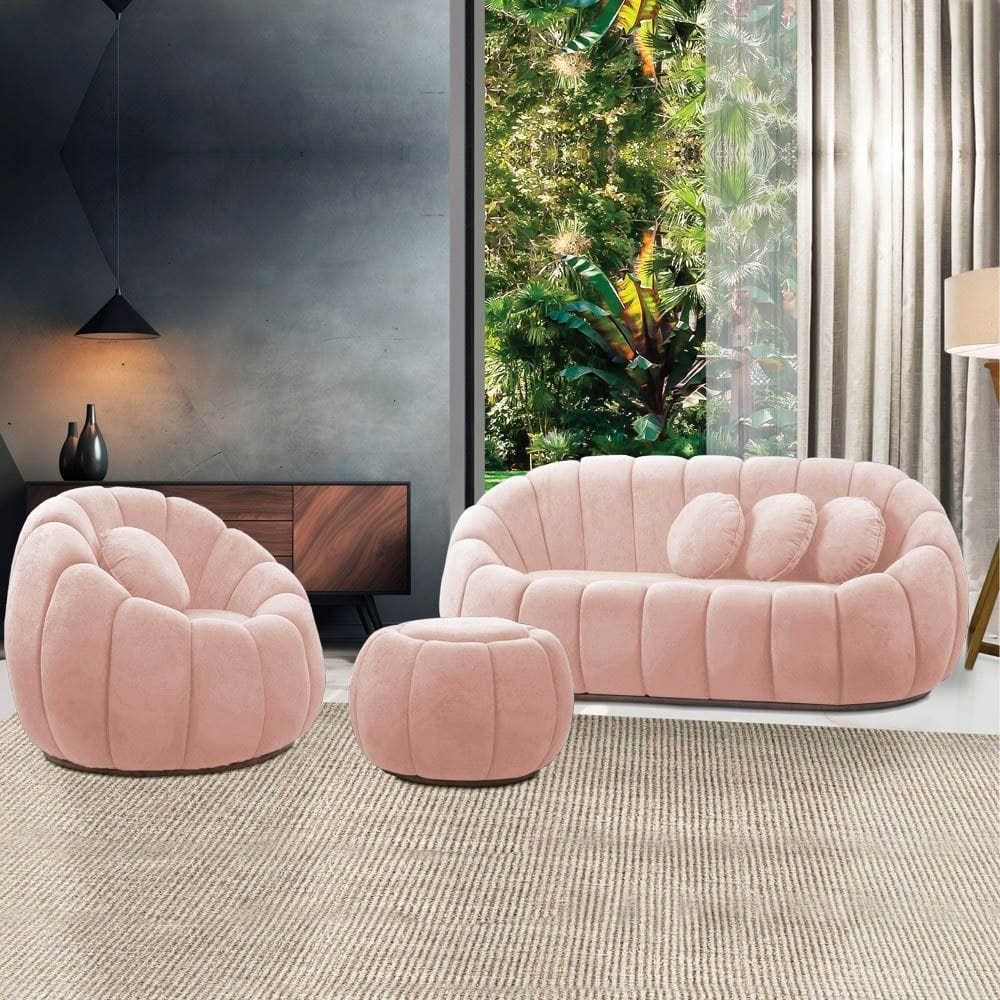 Sofá 2 Lugares Com Puff E Poltrona Giratória Orgânica Cloud Bouclê Rosê E03 - D`rossi