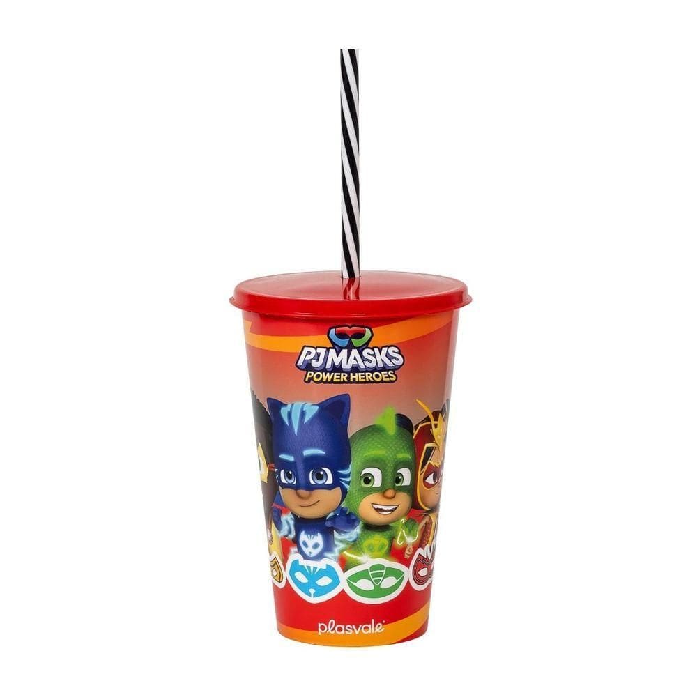 Copo Com Canudo E Tampa Decorado 580ml Pj Masks Decorado Pj Masks