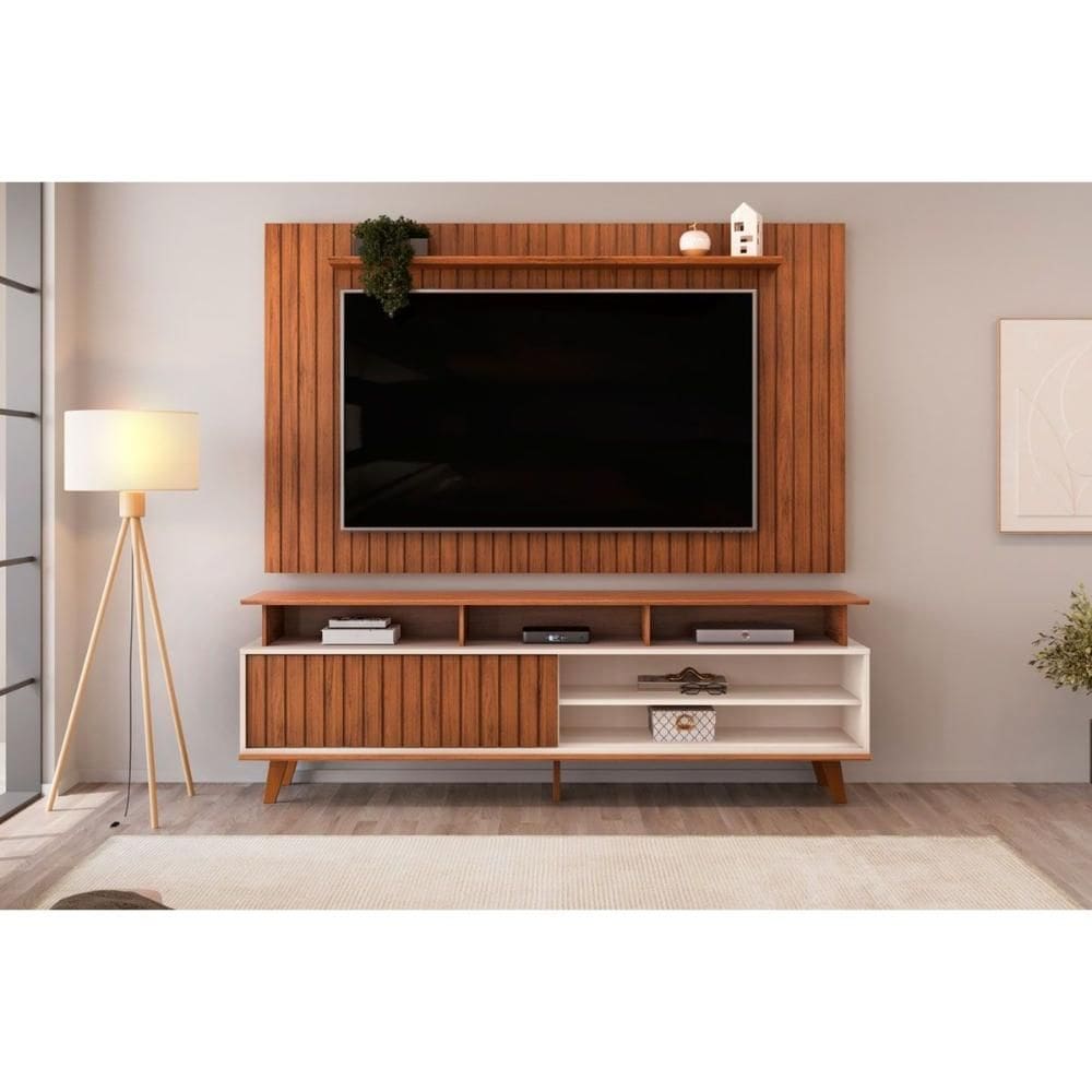 Estante p/ Sala até 65 Pol Lume/Flow Ripado c/ Porta e Nichos 180x168cm Freijó/Off White - DJ Móveis