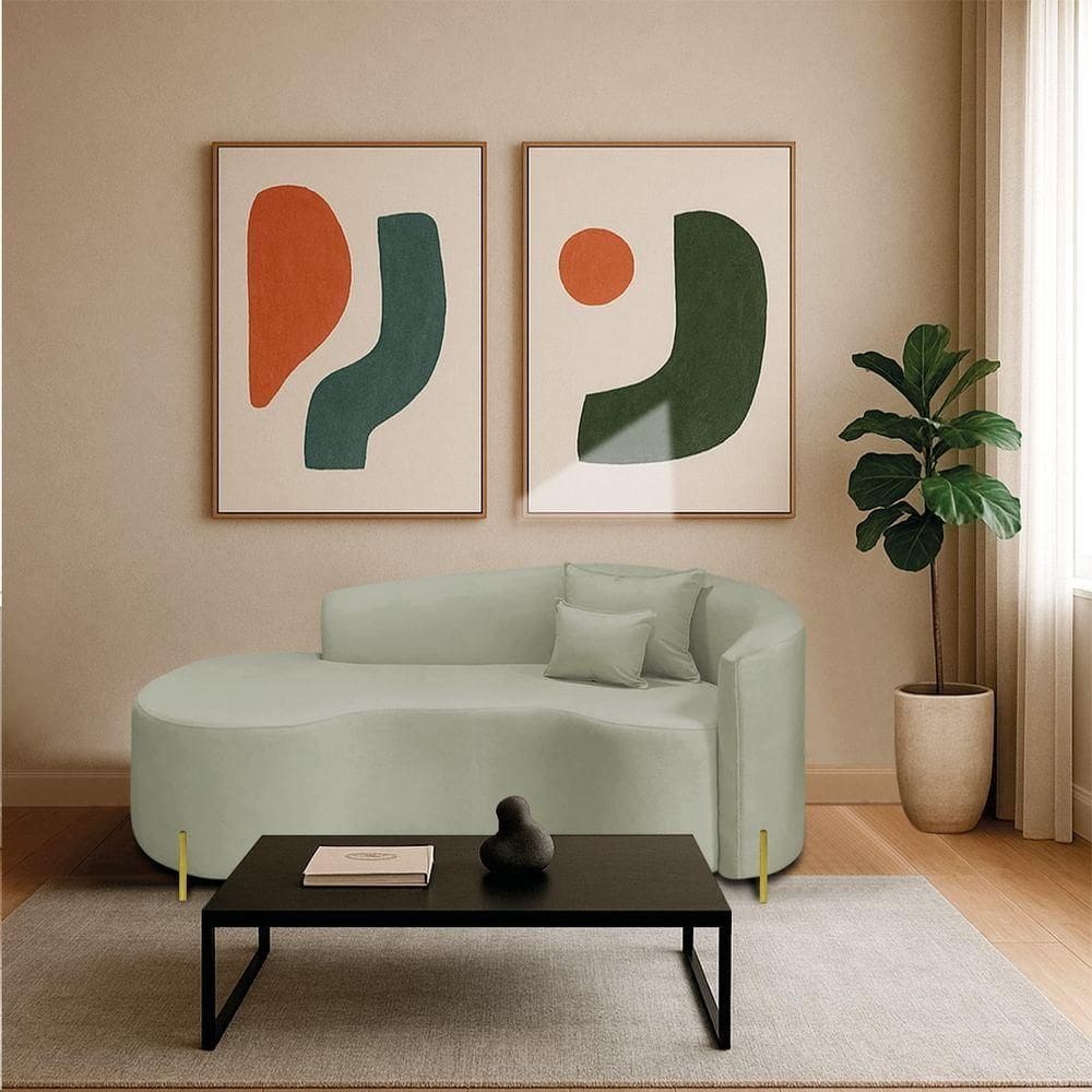 Divã Recamier Curvo Sala De Estar Recepção Inglaterra 200cm Pés Metal Dourado Lado Esquerdo Bouclé Verde Oliva