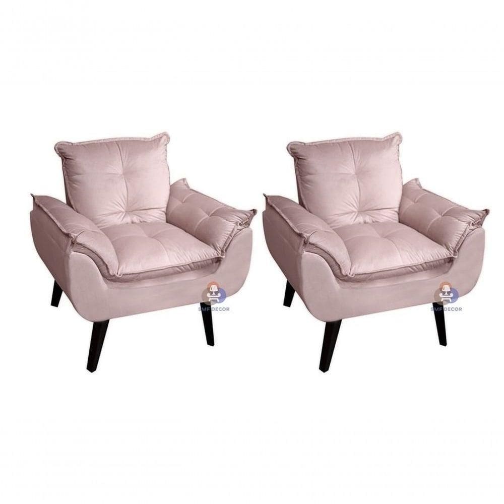 Kit 02 Poltrona/cadeira Decorativa Glamour Com Pés Quadrado Rosa Veludo