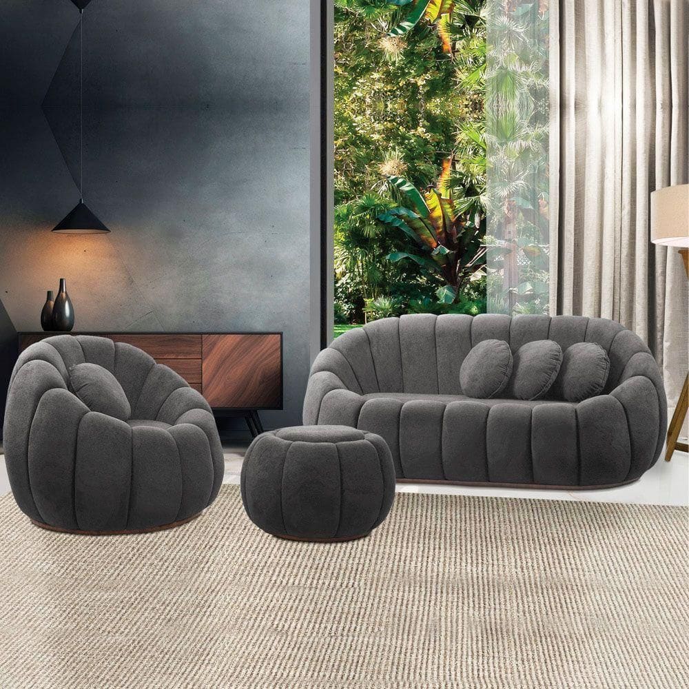 Sofá 2 Lugares Com Puff E Poltrona Giratória Orgânica Cloud Bouclê Cinza Escuro E03 - D`rossi