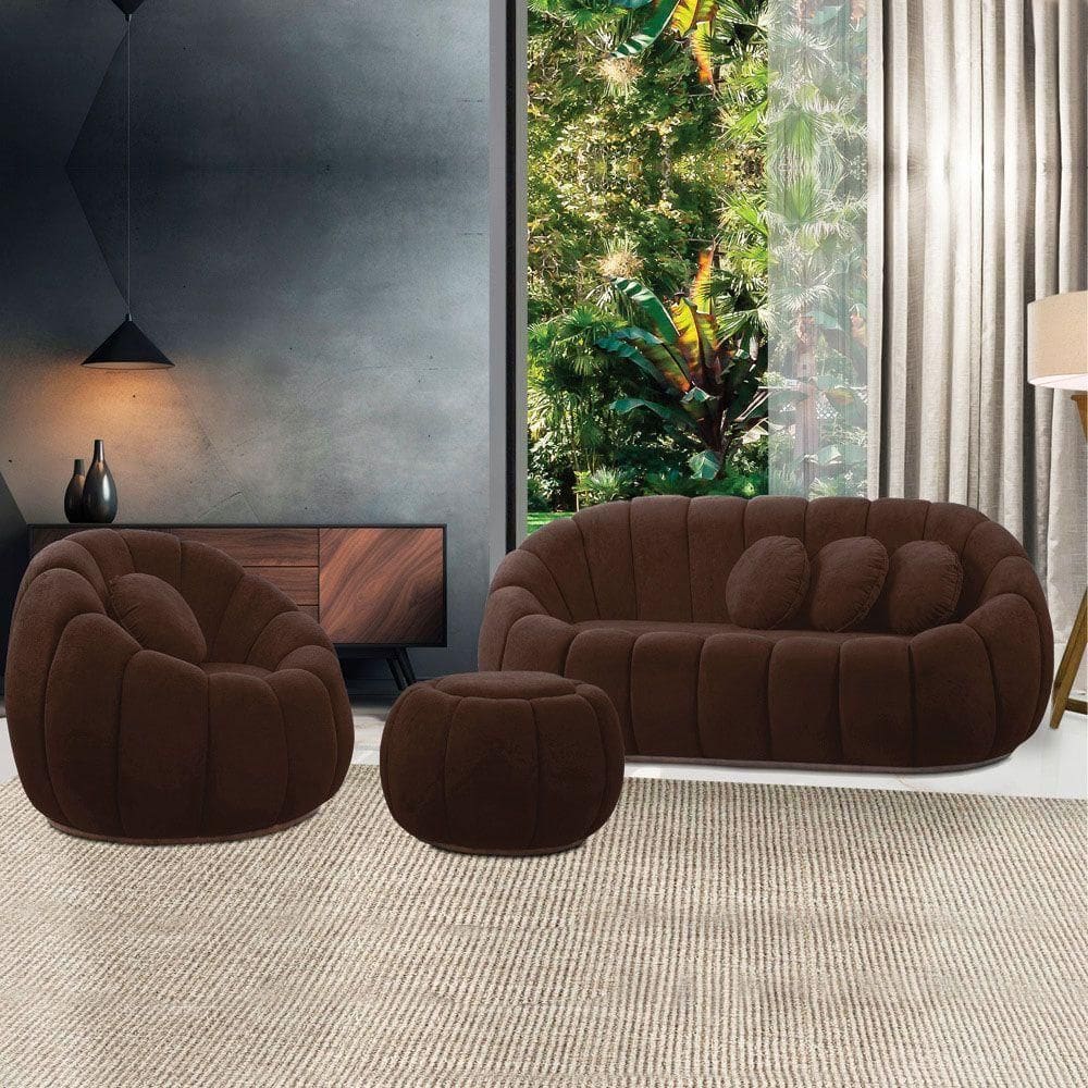 Sofá 2 Lugares Com Puff E Poltrona Giratória Orgânica Cloud Bouclê Marrom E03 - D`rossi