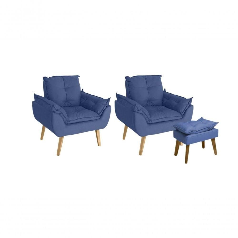 Kit 02 Poltrona/cadeira Decorativa E Puff Glamour Com Pés Quadrado Azul Marinho