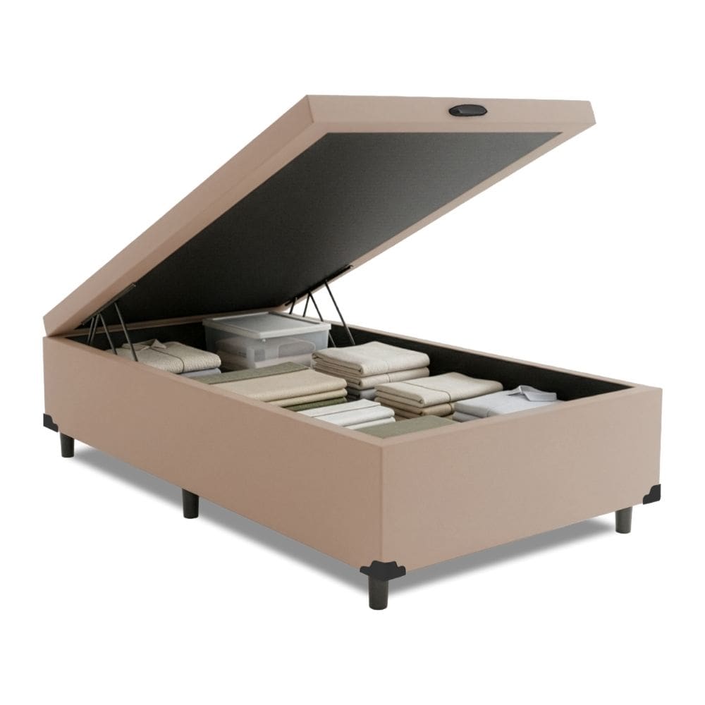 Base Cama Box Baú Solteiro 79x198x41cm Bege Suede Veludo Prince