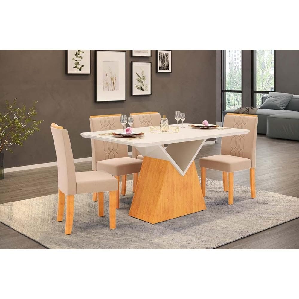 Conjunto: Mesa Sala Jantar Argo c/ Tampo Madeirado c/ Vidro Curvo 136x90cm e 4 Cadeiras Zoe Cedro/Off White - Suede Creme - DJ Móveis