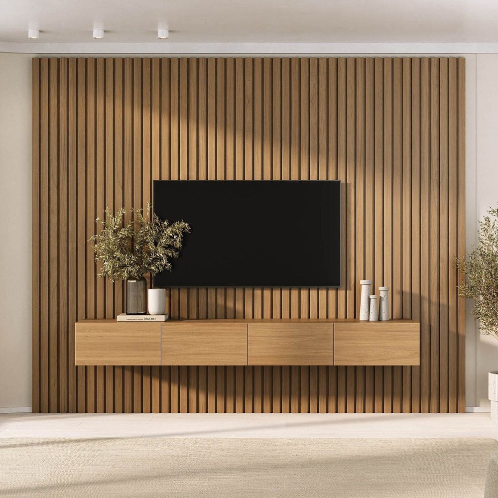 Rack Liso com Painel Ripado para Tv até 86 Polegadas 280x230cm Aruá Cabecasa Madeiraoriginals Jatoba