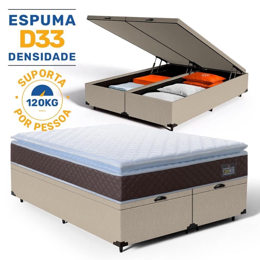 Cama Box Baú com Colchão de Espuma D33 Pillow Top Comfort Luxo King 193cm