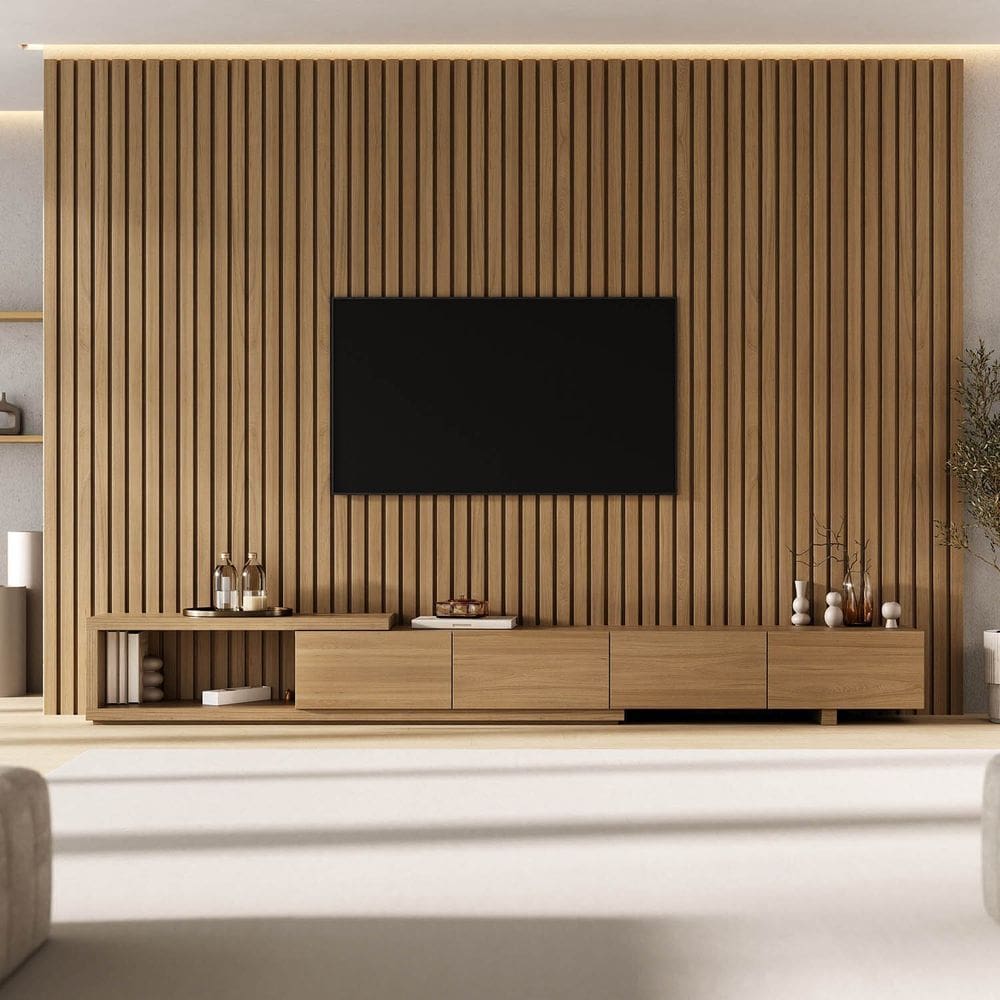 Rack com Painel Ripado para Tv 86 Polegadas 320x230cm Aruá Cabecasa Madeiraoriginals Jatoba