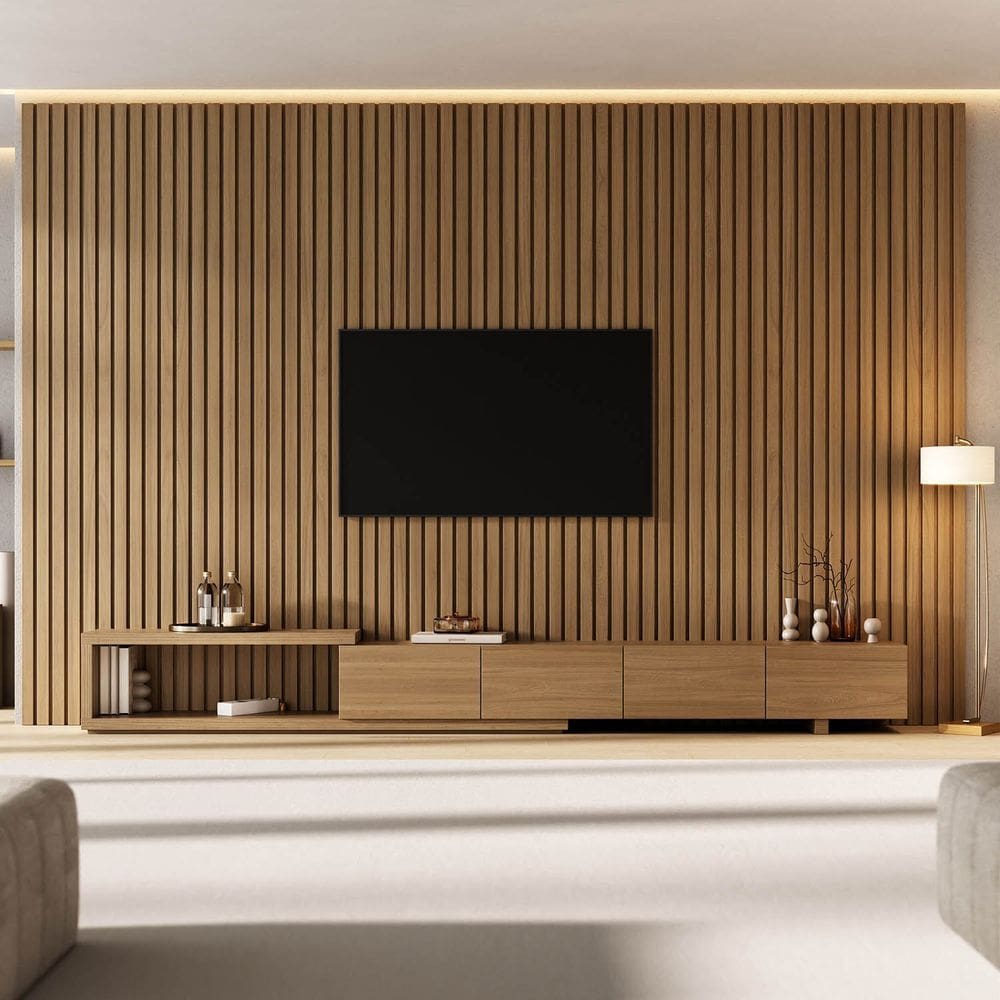 Rack Extensível com Painel Ripado para Tv 86 Polegadas 360x230cm Aruá Cabecasa Madeiraoriginals Jatoba