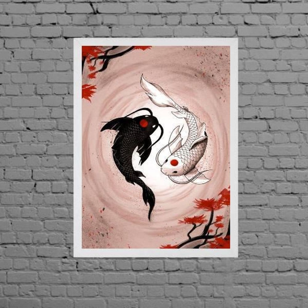 Quadro Decorativo Carpas Yin-Yang 24X18Cm Moldura Branca