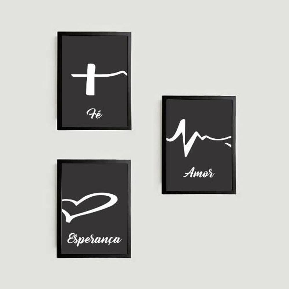 Kit 3 Quadros Fé, Amor, Esperança 24X18Cm