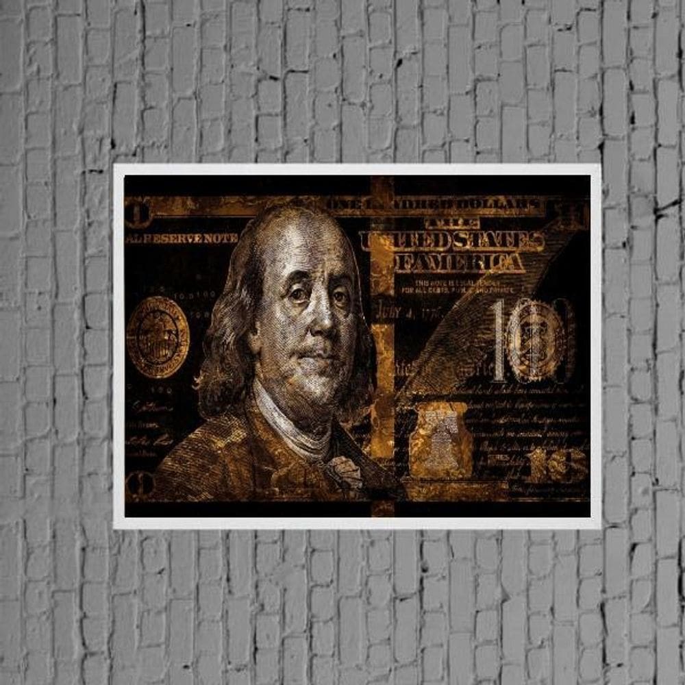 Quadro Decorativo Nota Dólar Dourada 45X34Cm Moldura Branca