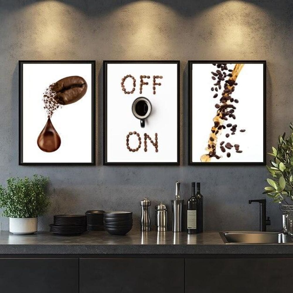 Kit 3 Quadros Café Grãos - On Off 45X34Cm