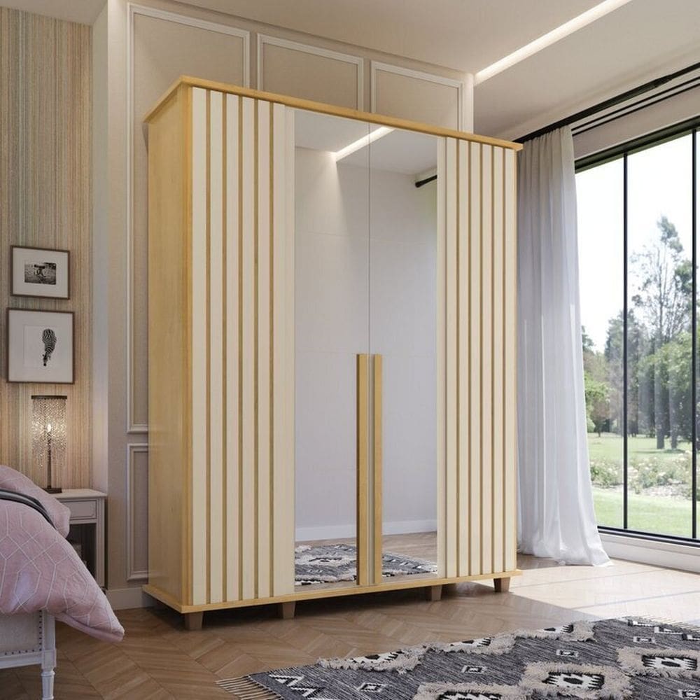 Guarda-roupa Casal 4 Portas 2 Portas com Espelho Detalhe Ripado 3 Gavetas Internas 8 Pés Holanda Cinamomo / Off White