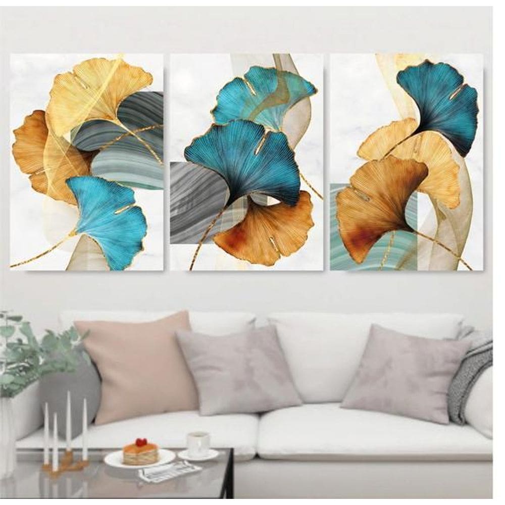 Kit 3 Quadros Flores Azuis E Douradas 60X40Cm Moldura Branca