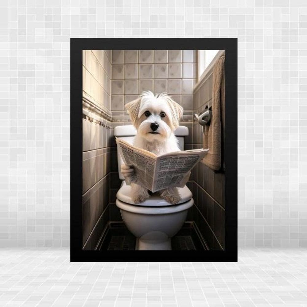 Quadro Banheiro Cão Maltês Lendo Jornal 45X34Cm