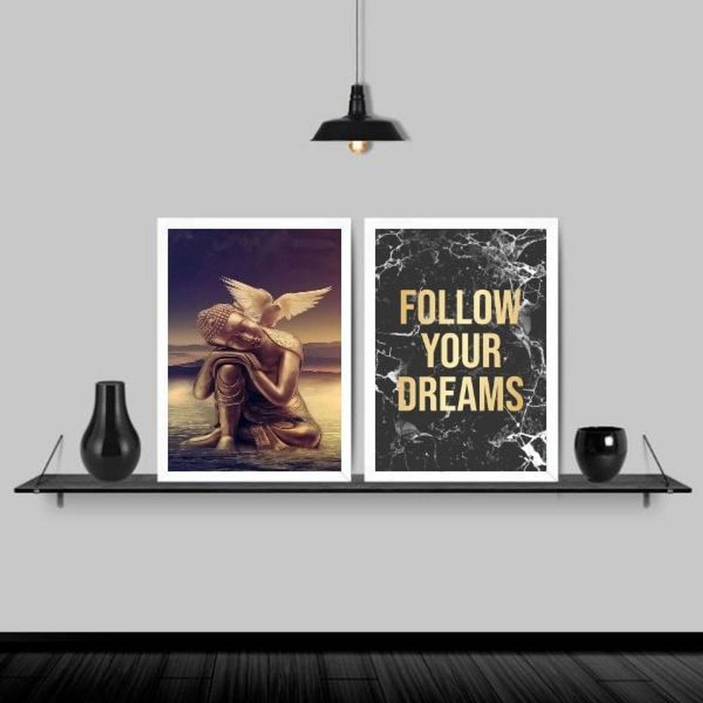Kit 2 Quadros Buda Asas Follow Your Dreams 24X18Cm Branca