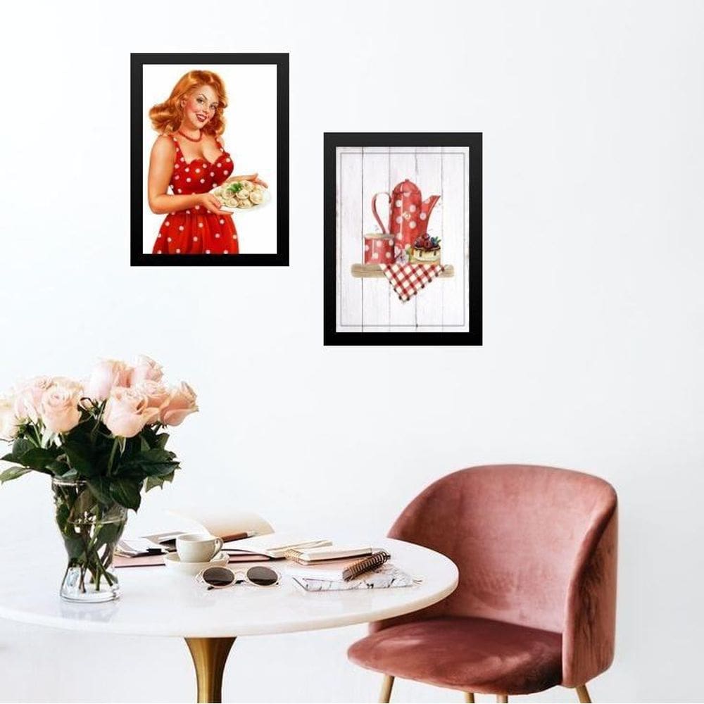 Kit 2 Quadros Cozinha Retrô Pin Up Vermelha 33X24Cm
