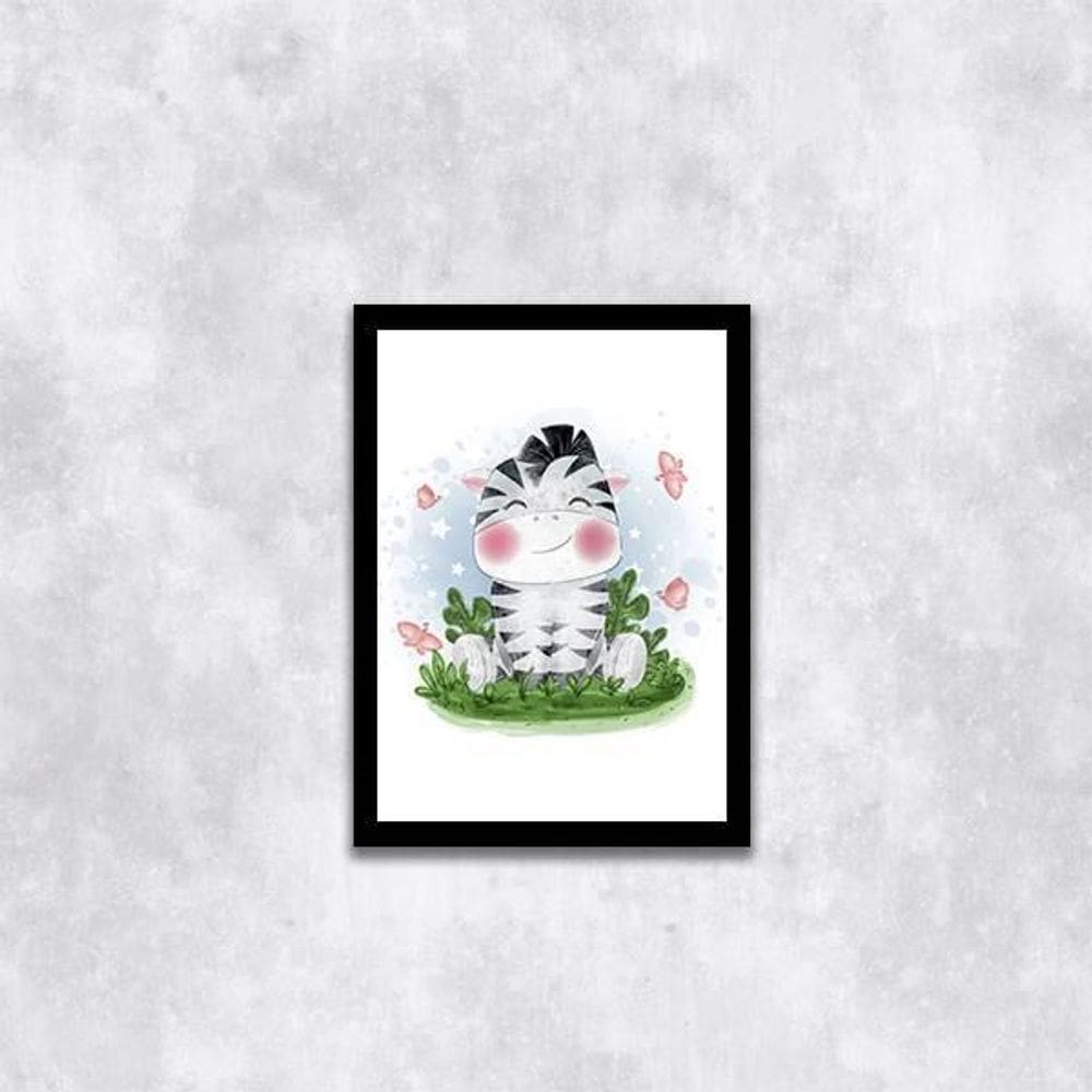 Quadro Infantil Estilo Aquarela Zebrinha 33X24 Moldura Preta