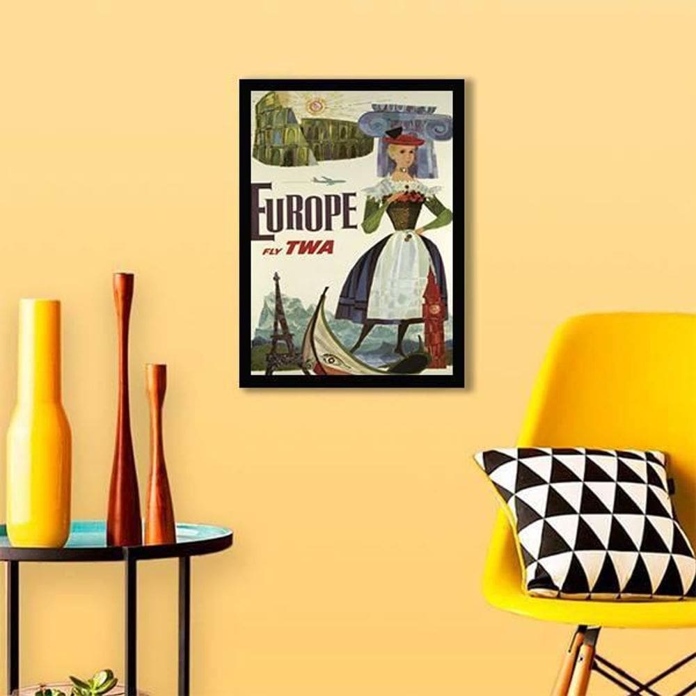 Quadro Cartaz Vintage Cia Aérea Europe 24X18 Com Vidro Preta