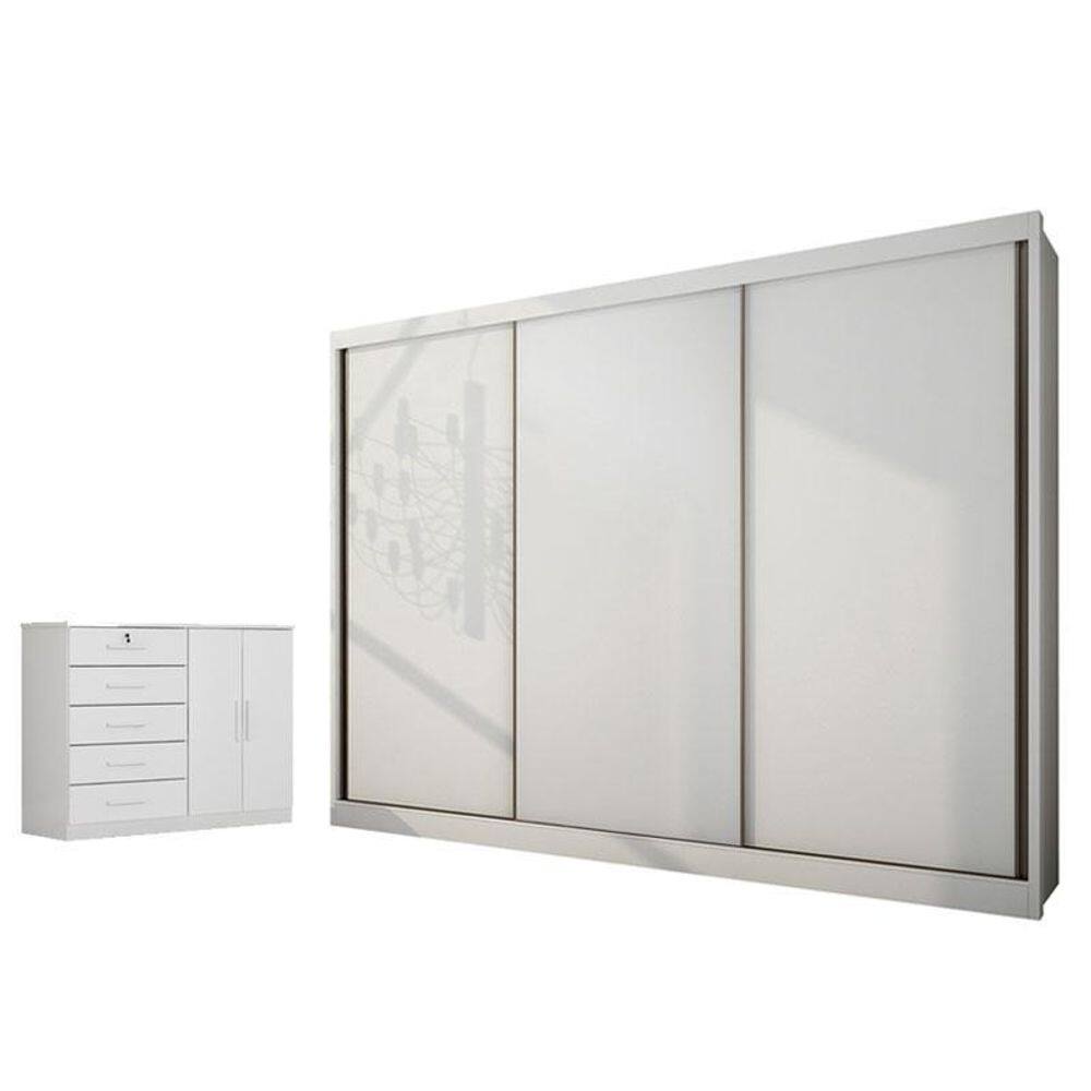 Guarda Roupa Casal Londres com Nicho e Cômoda Seul Neve - Novo Horizonte