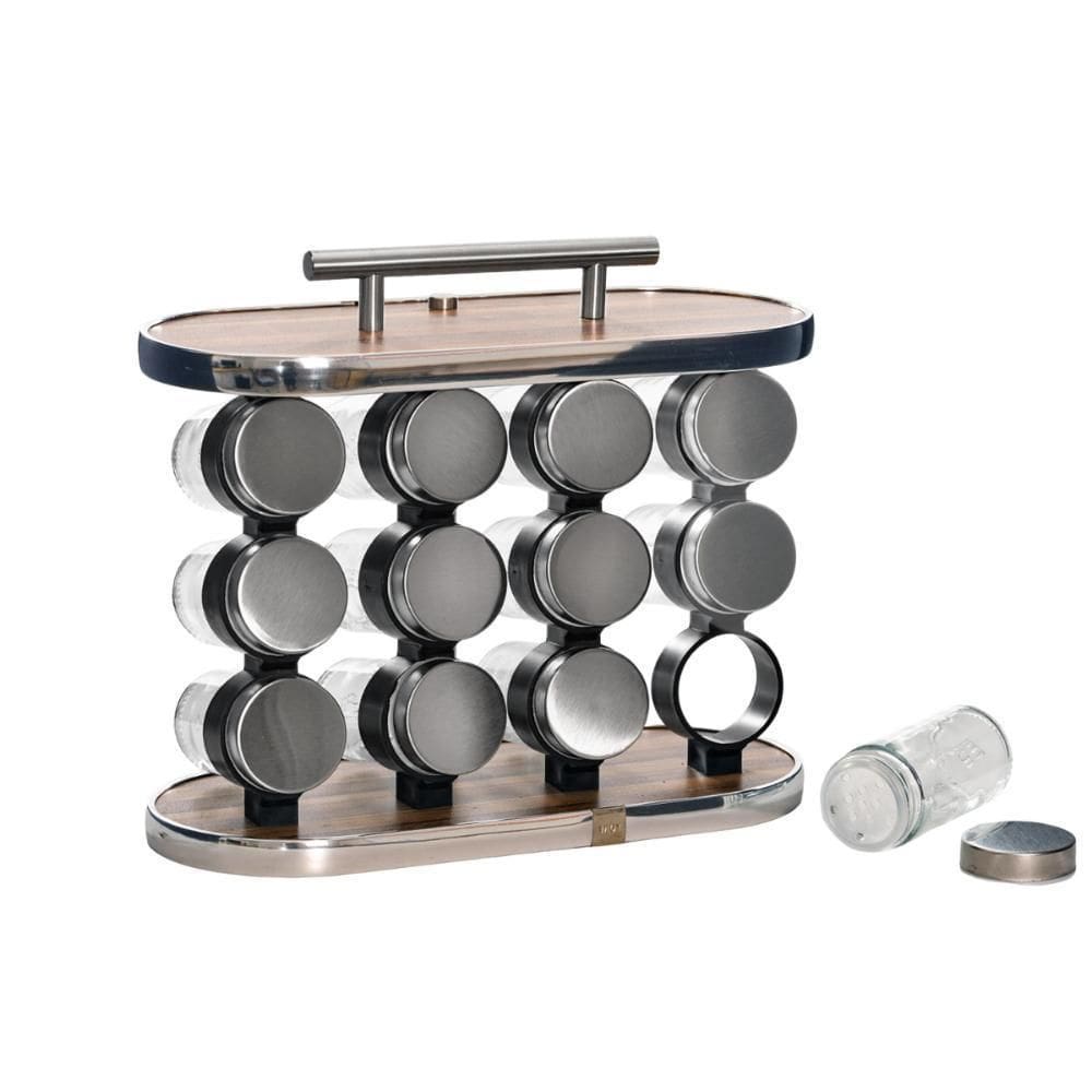 Porta Condimentos Aço Inox E Madeira 12 Peças Com Alça Noble