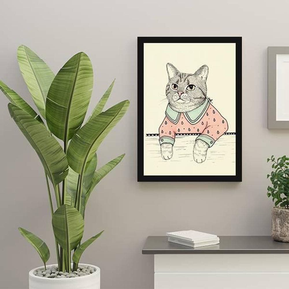 Quadro Decorativo Gatinha Vintage 45x34Cm Moldura Preta