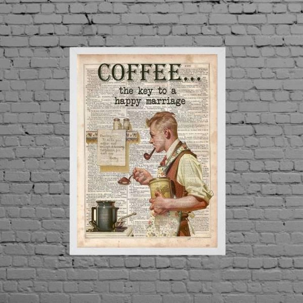 Quadro Vintage Coffee Happy Mariage 24X18Cm Moldura Branca