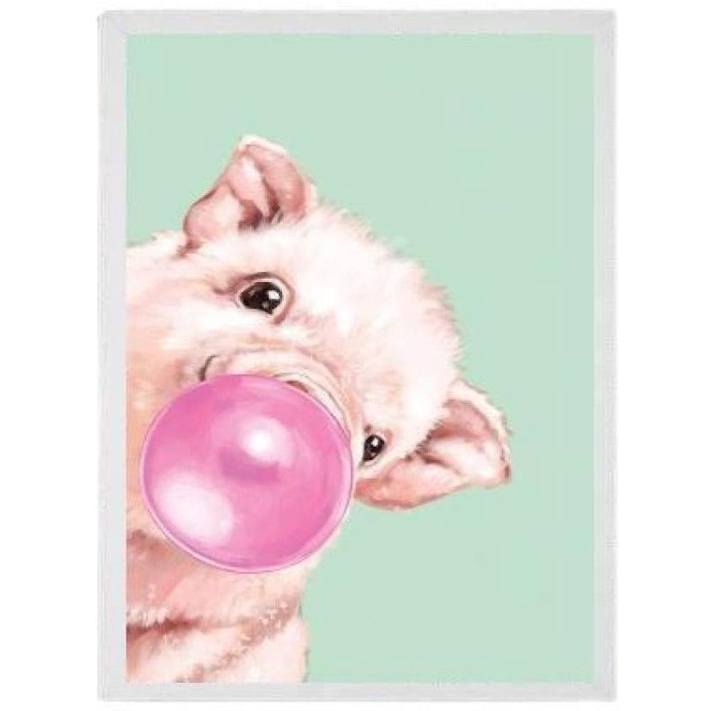 Quadro Decorativo Porquinho Bubble Gum 33X24 Madeira Branca