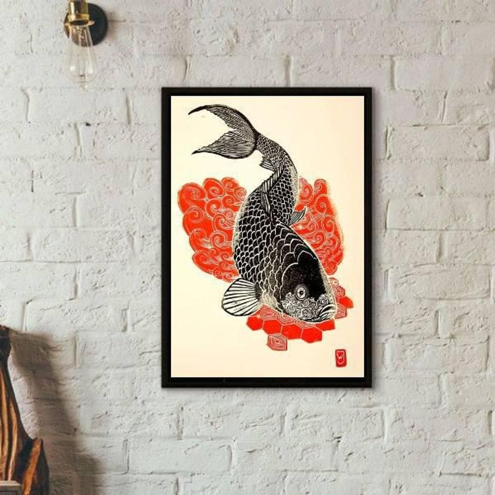 Quadro Decorativo Carpa Japonesa 45X34Cm Moldura Preta