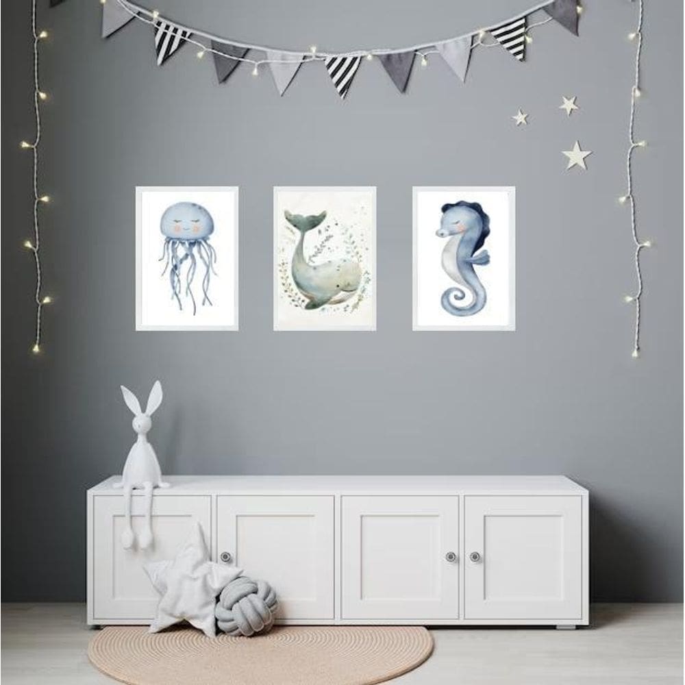 Kit 3 Quadros Quarto Infantil Tema Fundo Do Mar 33X24Cm