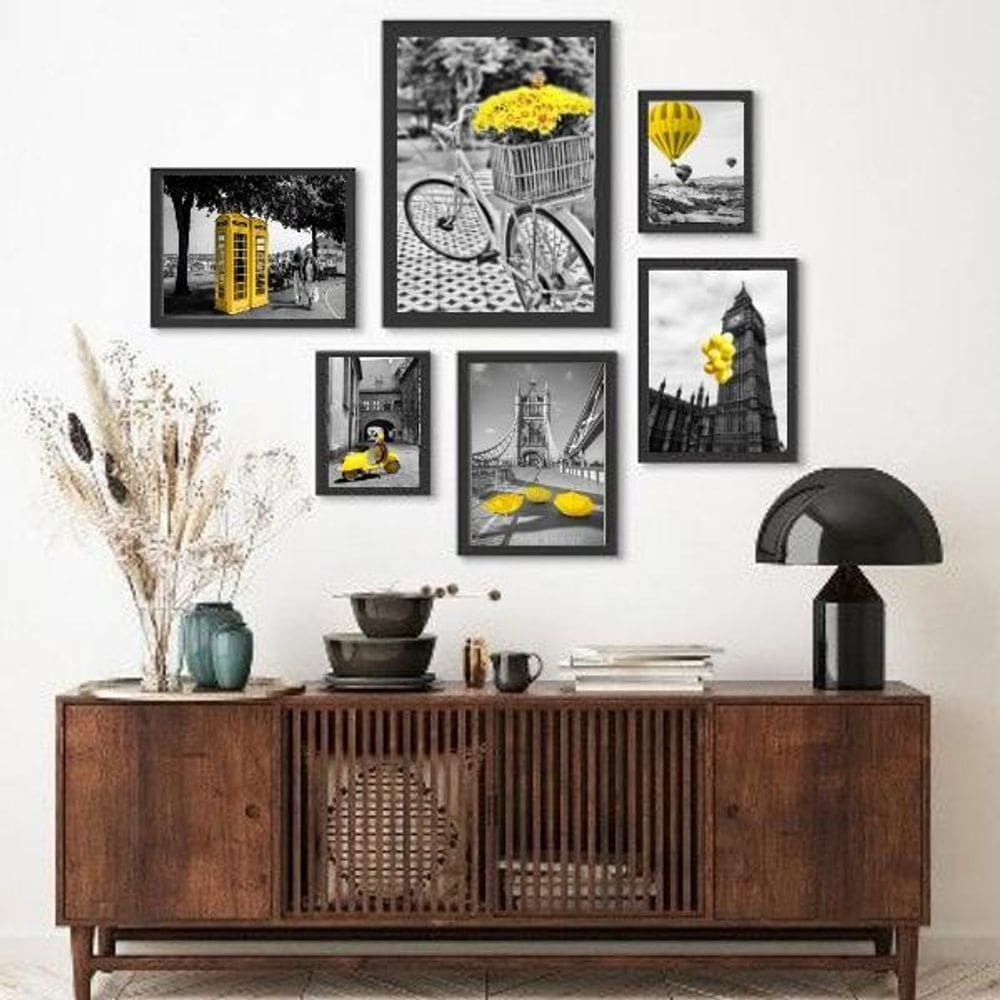 Kit 6 Quadros Detalhes Amarelos - Vidro, Madeira Preta