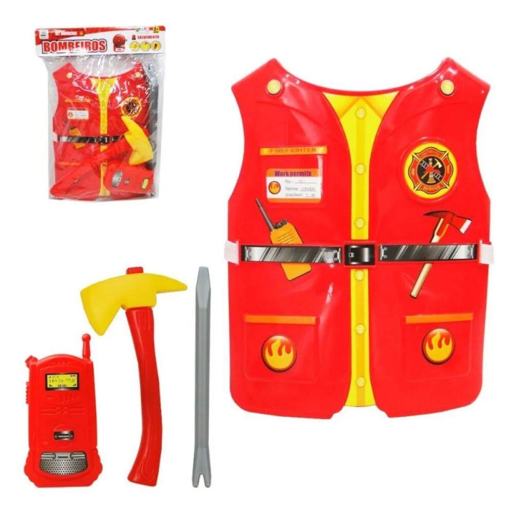 Kit Bombeiro Infantil 3 Peças Colete Machado e Radinho