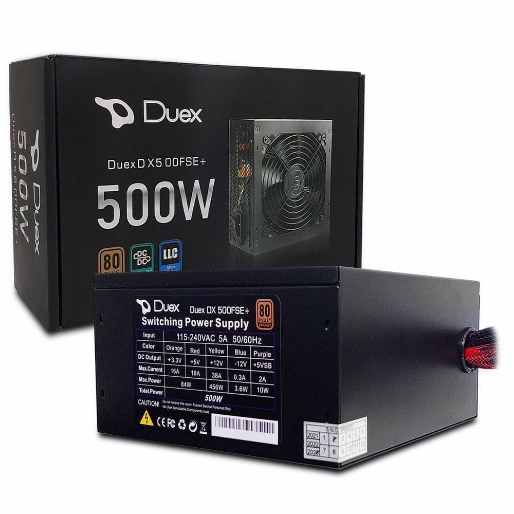 Fonte 500w Atx Duex Dx 500fse+, Bivolt Automático, 80 Plus Bronze, Pfc Ativo, Preto