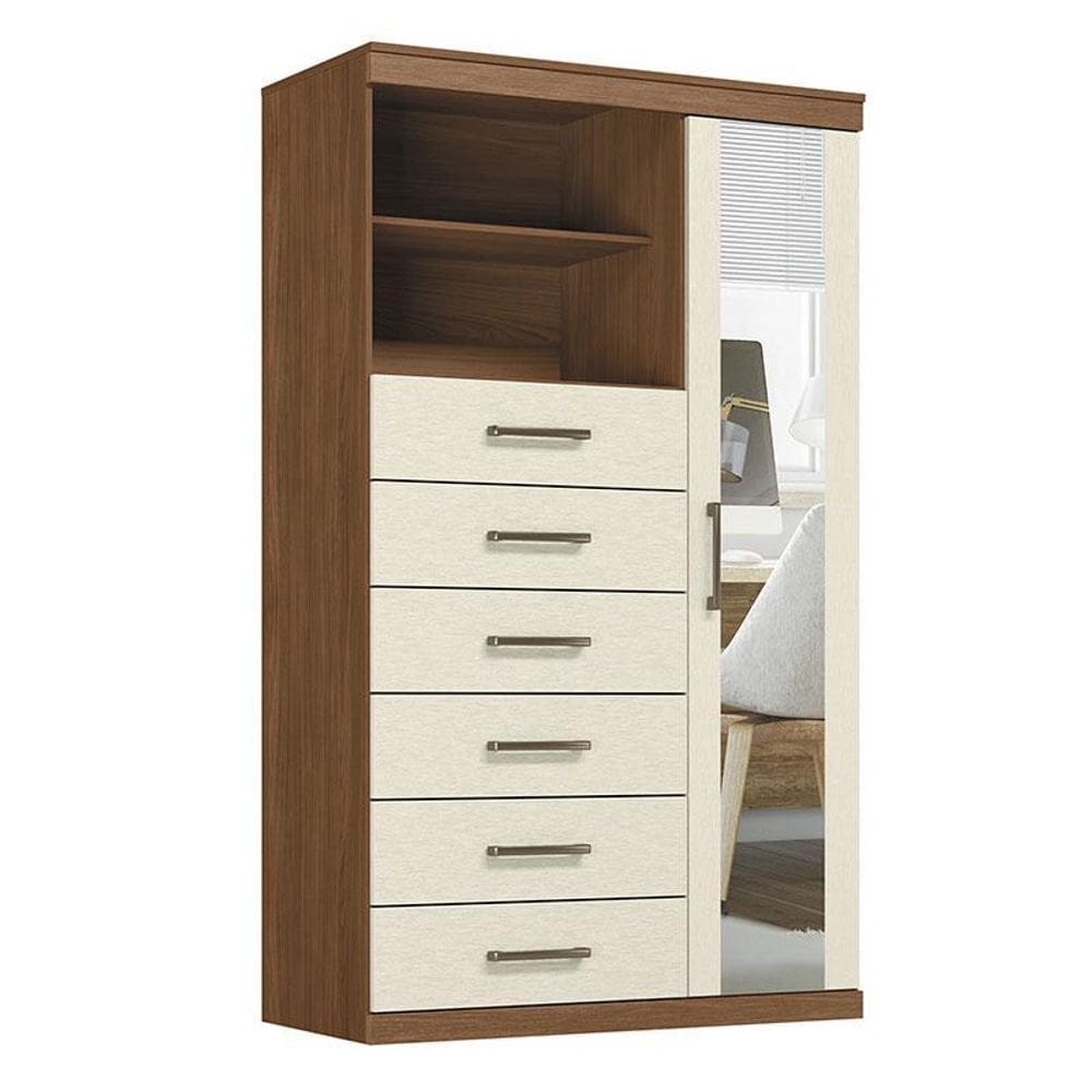 Comoda 1 porta 6 gavetas Marabá com espelho Jatobá Areia Acetinado - Santos Andirá