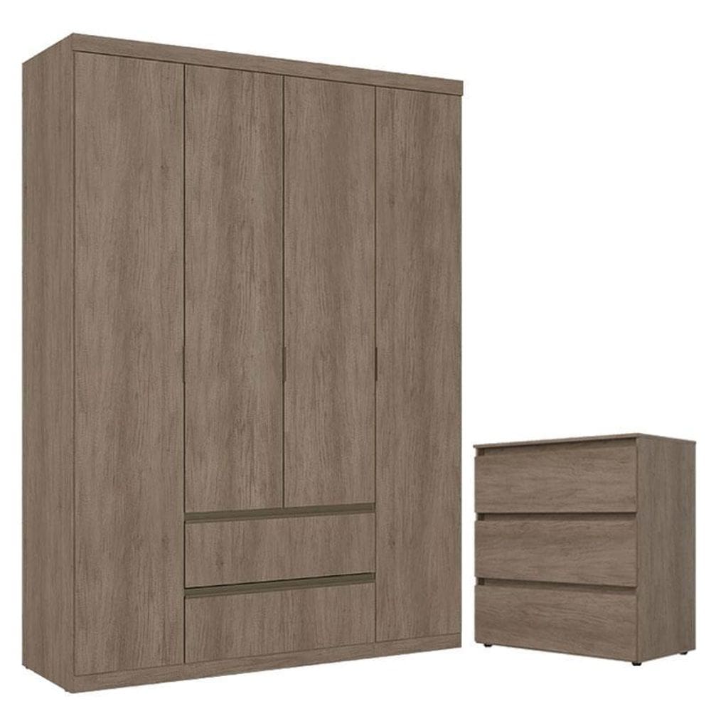 Guarda Roupa Solteiro Nobre 4 Portas e Cômoda Gaveteiro Condessa Rustic Acetinado - THB
