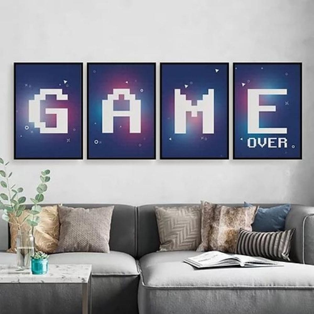 Kit 4 Quadros Gamer Game Over Roxo 45X34Cm Madeira Preta