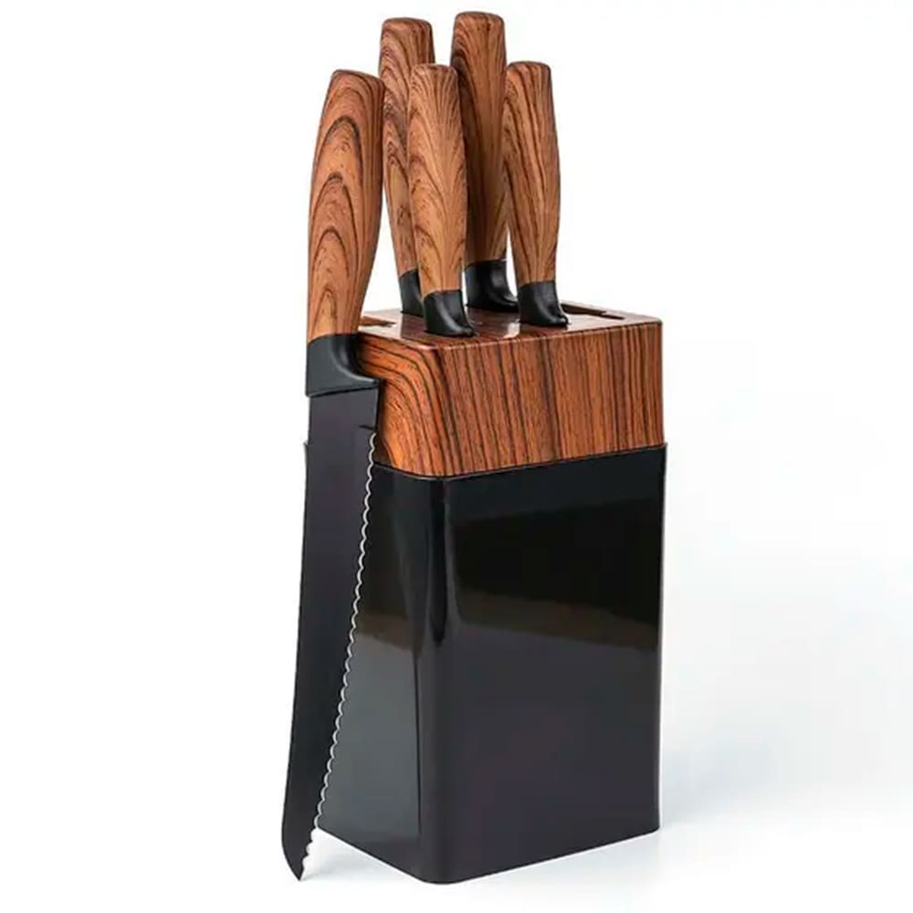 Conjunto de Facas com Cepo 6 Peças - Aço Inoxidável, Cabo Madeira Sintética, 36 cm Altura