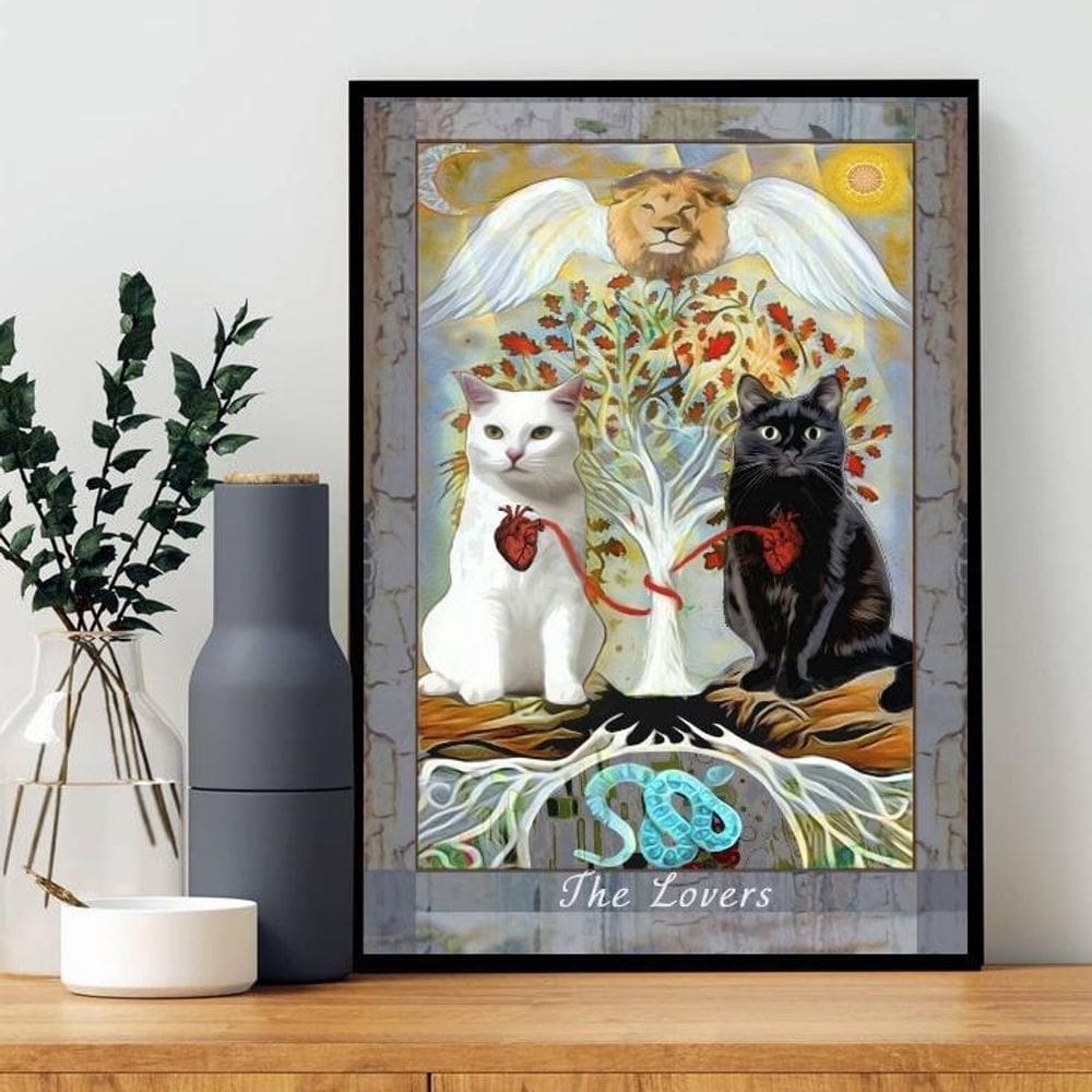 Quadro Carta Tarot Gato The Lovers 45X34Cm - Com Vidro