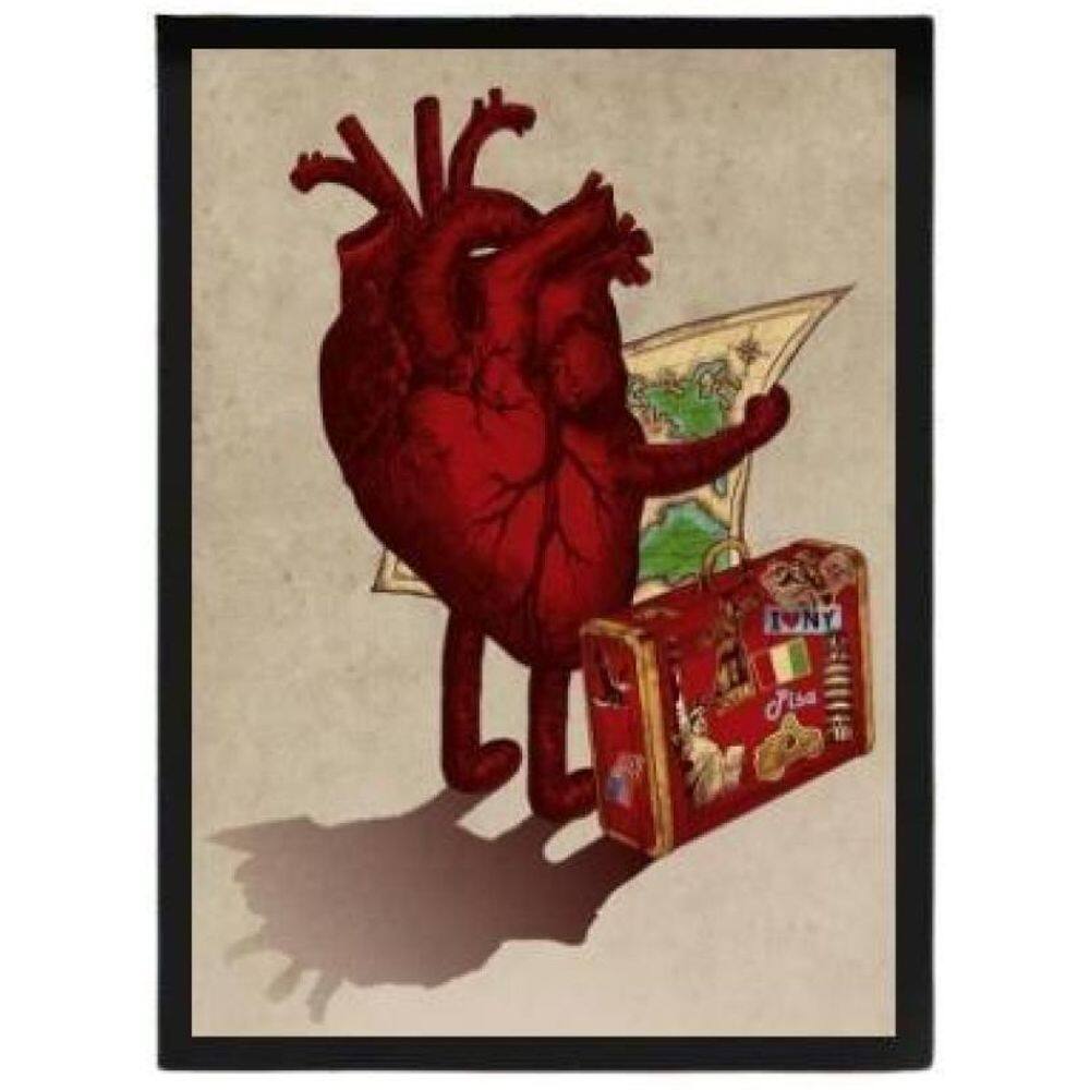 Quadro Decorativo Coração Viajante 45X34 Com Vidro -  Preta